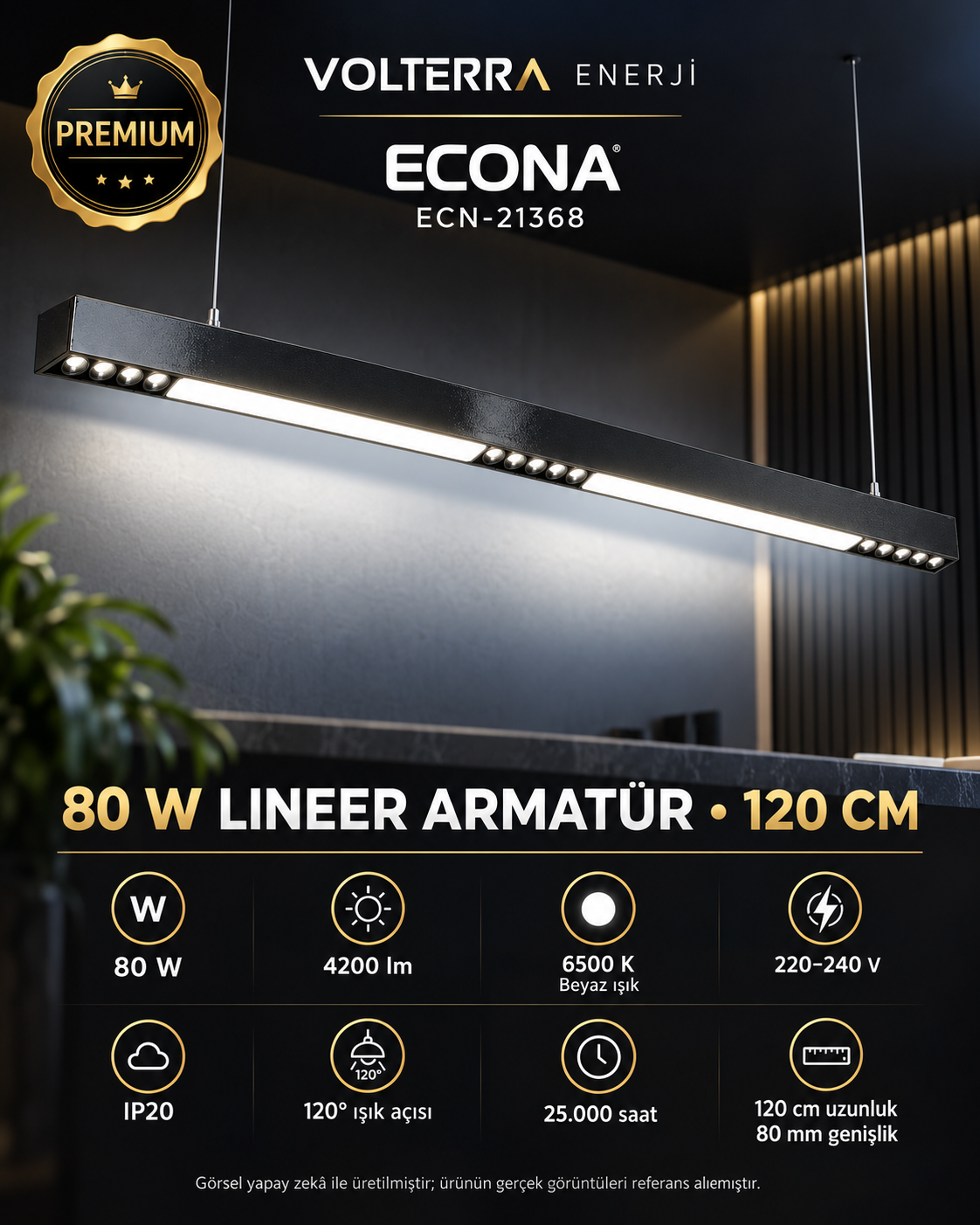 Econa ECN-21368 Lineer LED Armatür 80W 120 cm 6500K Siyah